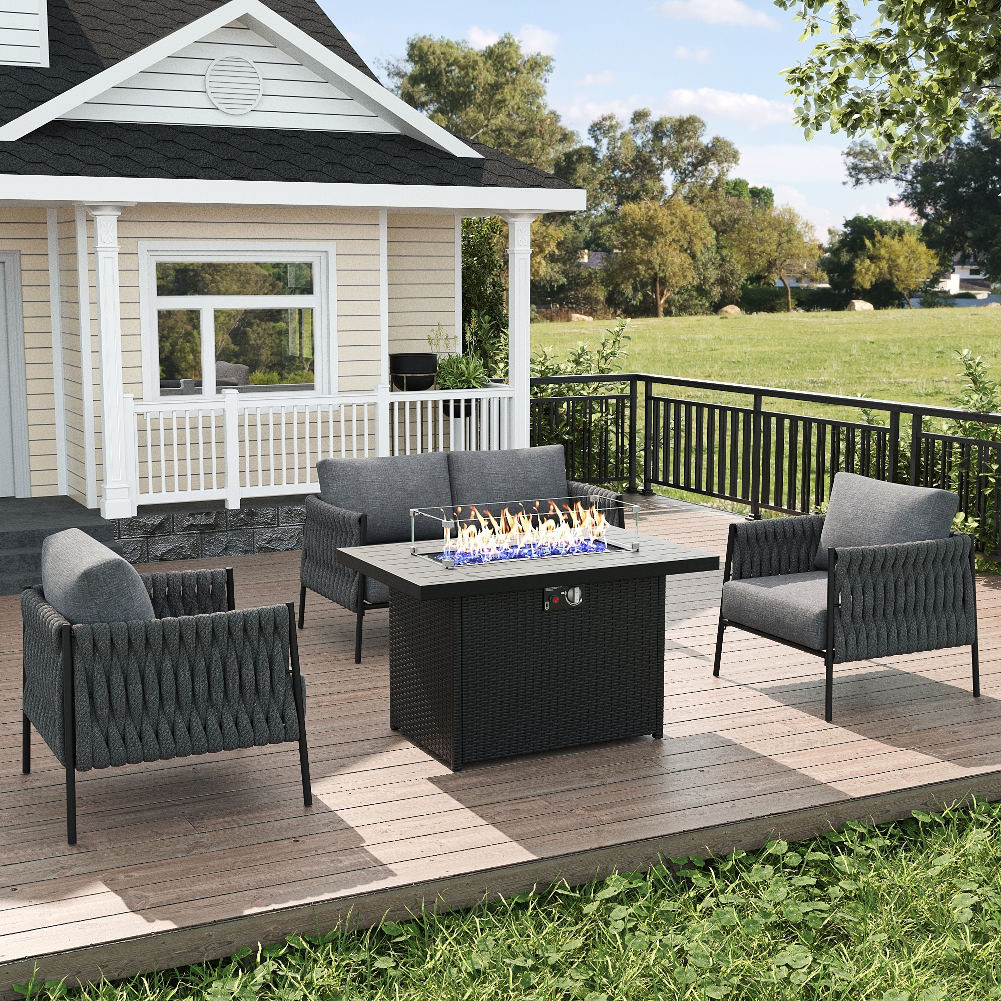 LayinSun 4 Piece Outdoor Furniture Set with Fire Pit Table, Modern Rope Woven Patio Conversation Sofa Set with Olefin Braid and Deep Seating