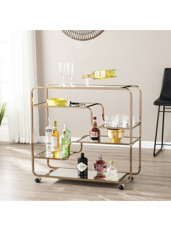 SEI Furniture Maylynn Midcentury Modern indoor Bar Cart in Mirrored Shelves with Champagne Finish 36 x13.25 x 33.75