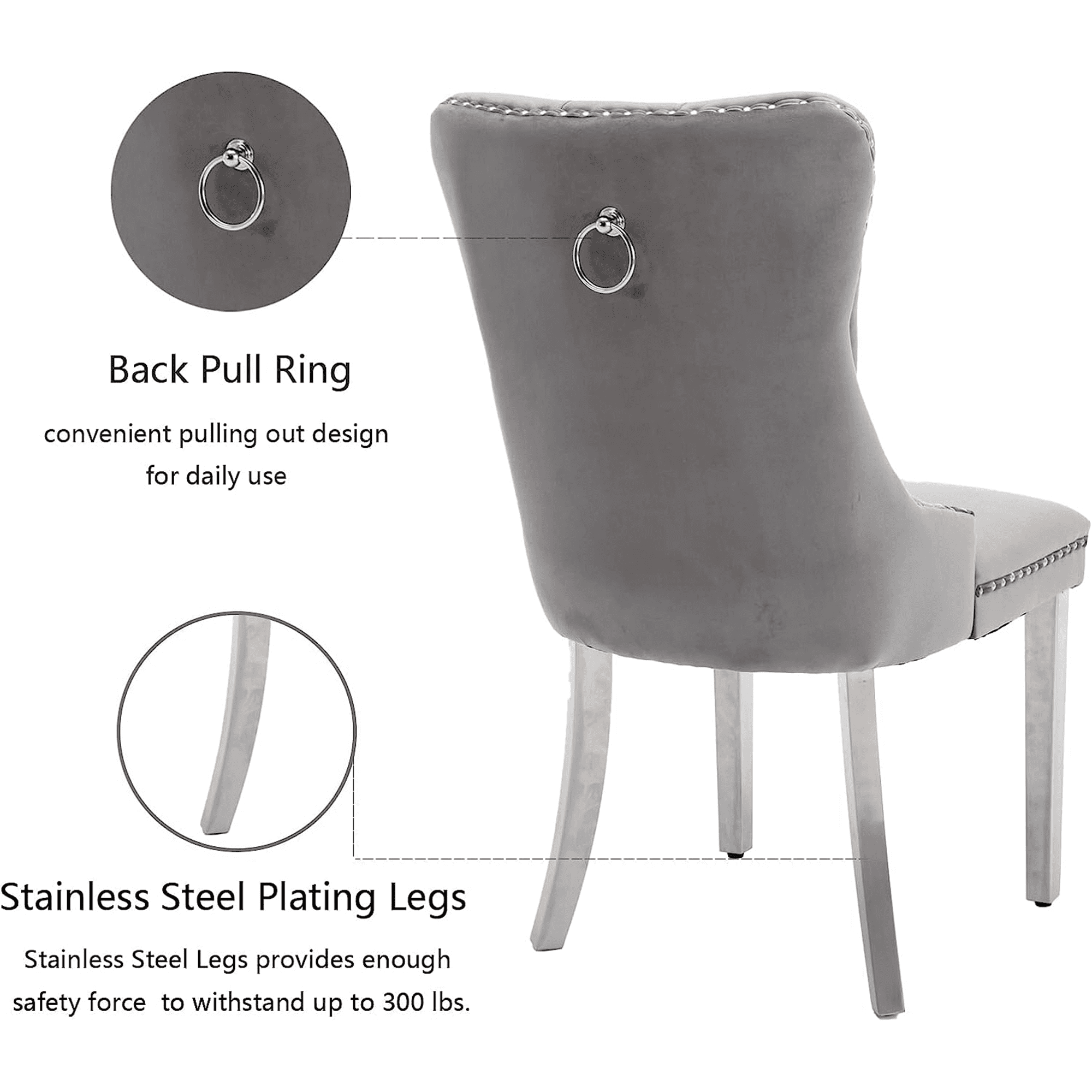 LegaHome Dining Chairs Set of 2, Modern Upholstered Velvet Dining Room Chairs with Nailhead Trim and Chrome Stainless Steel Plating Solid Wood Legs, Tufted Button Padded Chairs Set for Kitchen, Gray