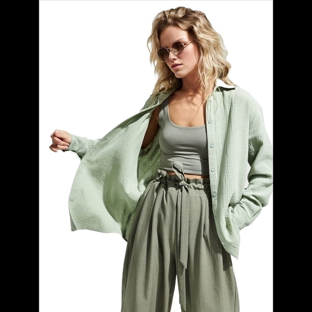 Camisas de Mujer con Botones, Larga, Algodón, Informales, con Cuello, Corte Holgado. Verde L