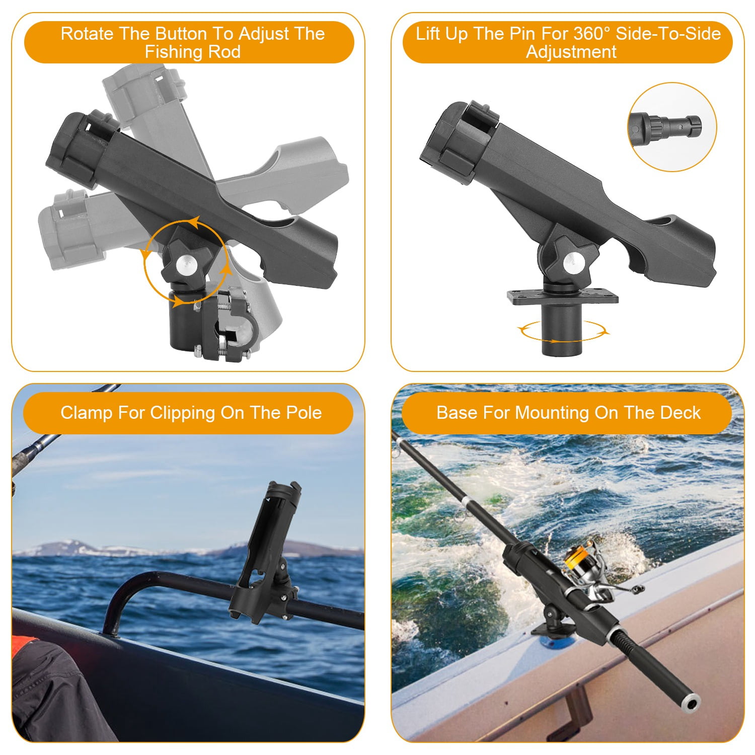 2Pcs Fishing Boat Rod Holders 360° Rotatable Fishing Pole Racks Adjustable  Folding Rod Holder with Large Clamp 