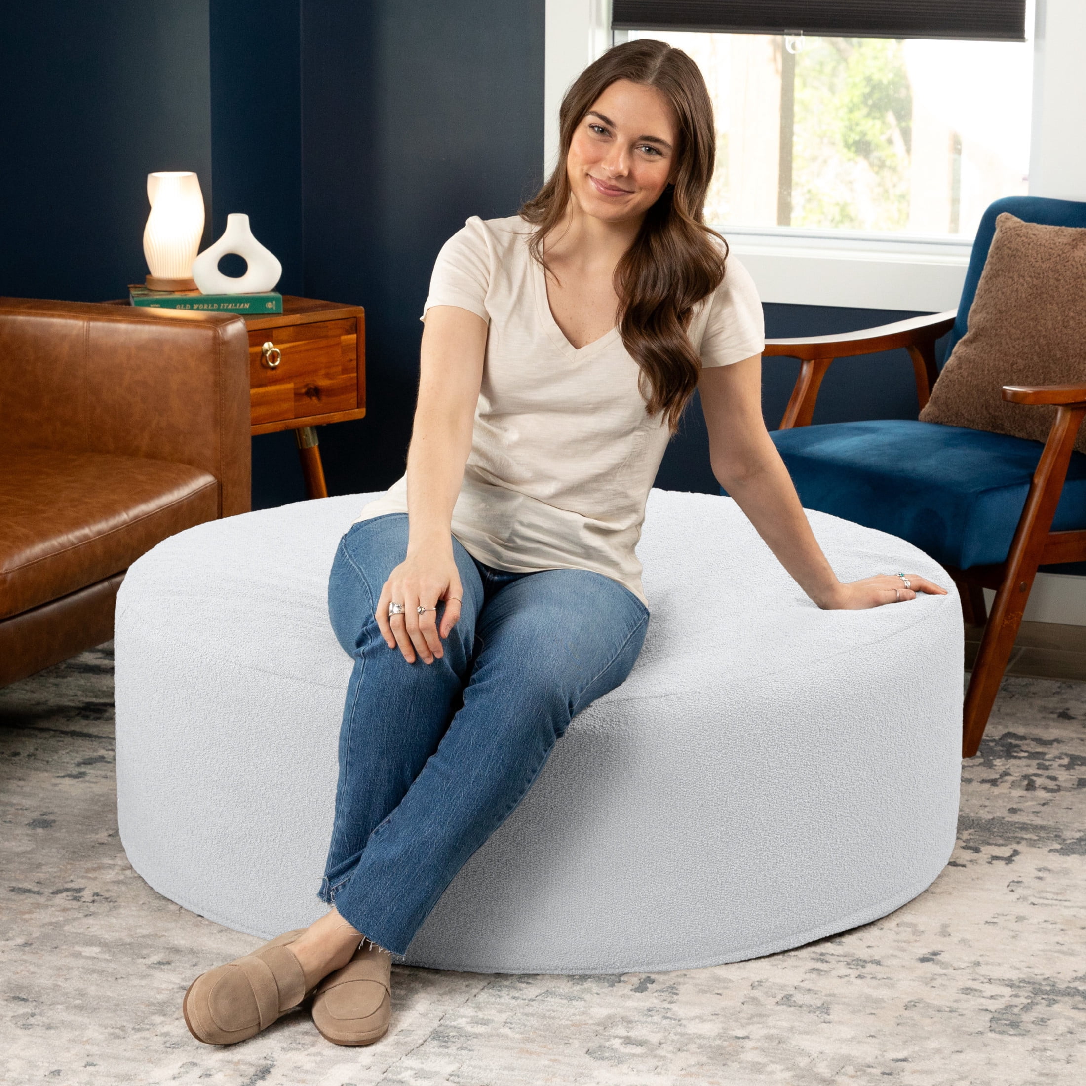Jaxx Candler Round Coffee Table Ottoman, Oversized, 44-Inch, Boucle White