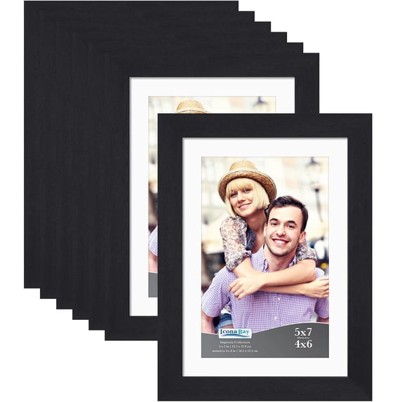 Icona Bay 5x7 Black Picture Frame w/ Removable Mat, Modern Style, 10 Pack, Impresia Collection (US Company)