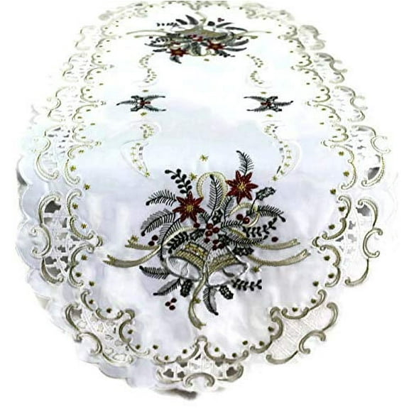 Doily Boutique Christmas Table Runner Embroidered with Silver Bells on White Fabric, Size 48 x 15 inches