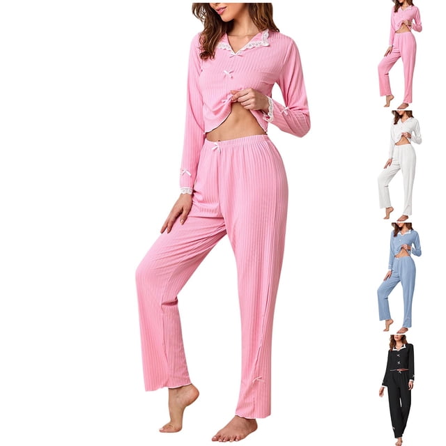 NJDVHB Ensembles d'Été pour Femmes, Ensemble de Détente pour Femmes, Ensemble de Chemises de Nuit pour Dames, Blouse Décontractée Unie à Col Rabattu à Manches Longues pour Femmes, Pyjama Court Mode, Blanc, P