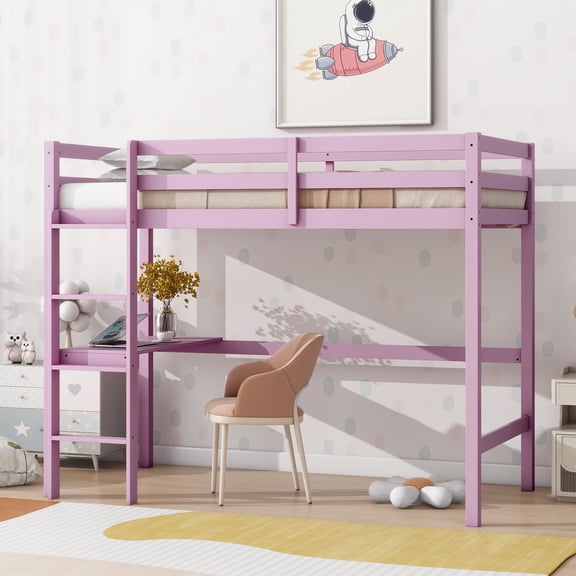 DreamBuck Twin High Loft Bed, Rubber Wood Loft Bed with Safety Guardrail, Built-in Desk, Ladder, Pink