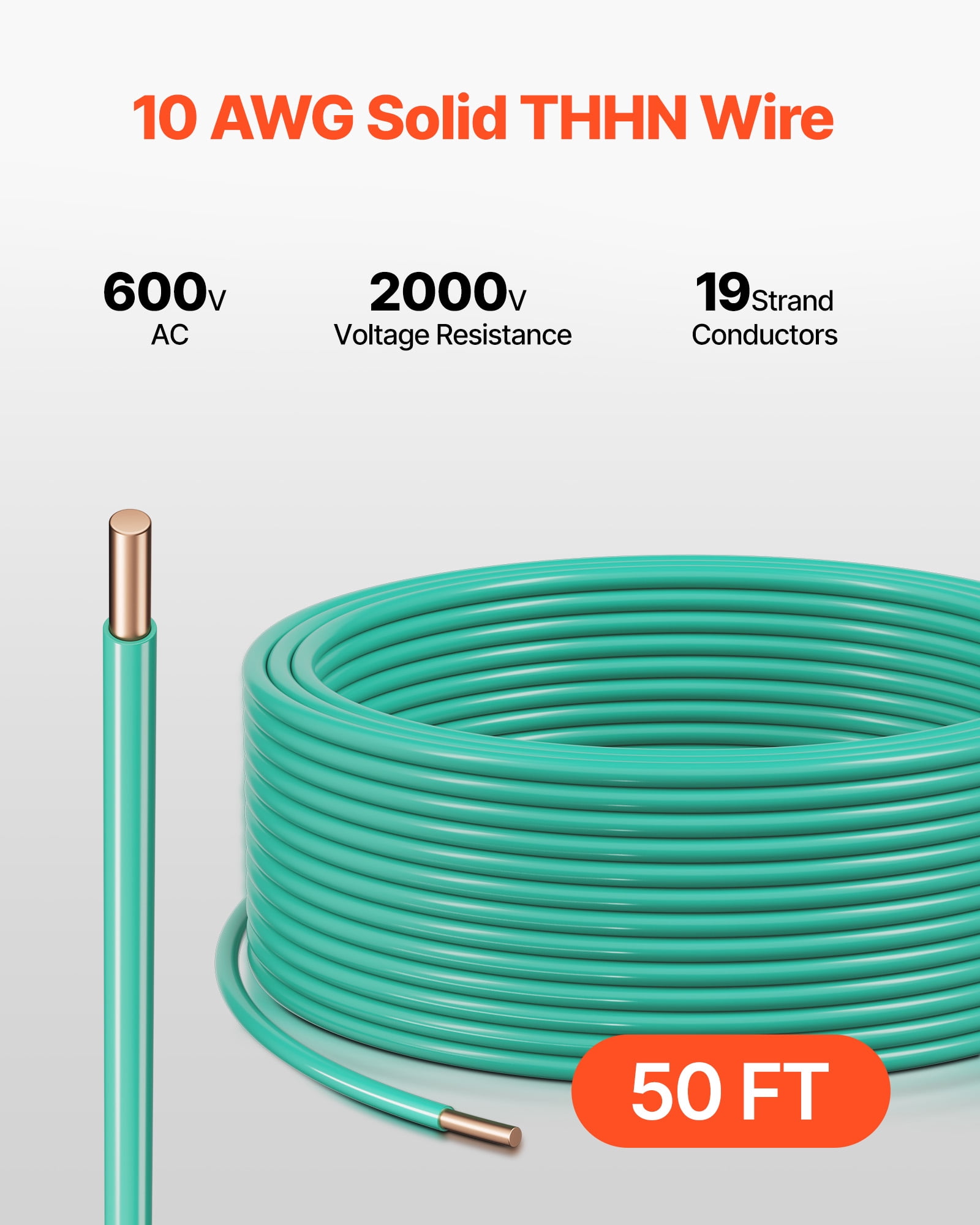 VEVOR 10 AWG Solid THHN Wire, 100% OFC Copper Electrical Building Wire with Nylon Jacket PVC Insulation, Rated for Up to 600 Volts, Heavy-Duty for Residential,Industrial,Commercial,Green (50 Feet)