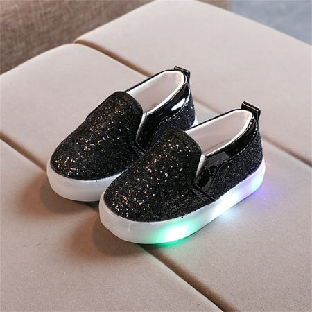 Hinvhai Toddler Girl s Light Up Sequins Slip On Loafers Casual Fashion Classic Flashing LED Shoes Soft Sole Comfortable Solid Color Flat Sneakers Black 9 Months