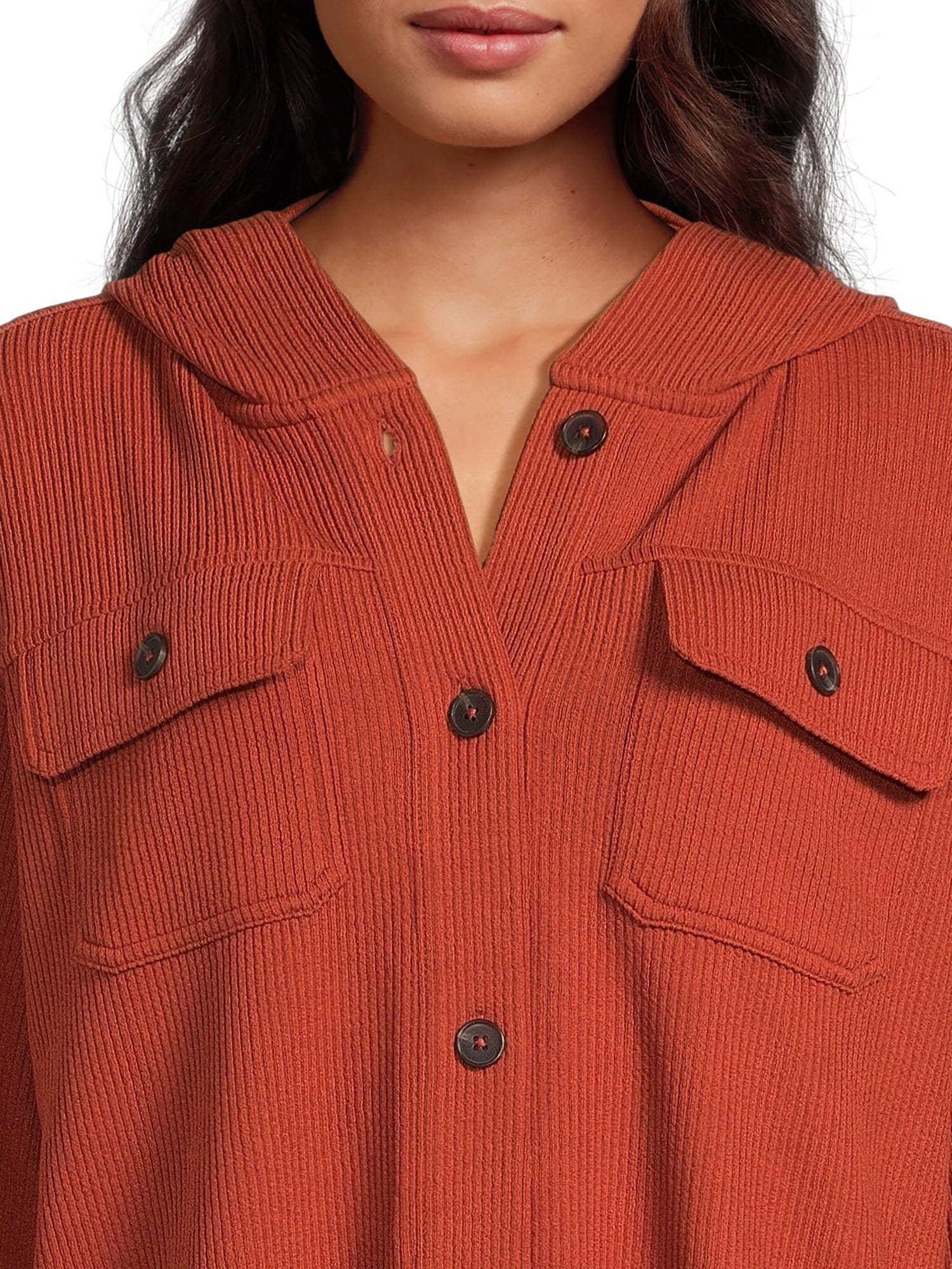 Time and Tru Women's Ribbed Hooded Shacket, Sizes S-XXXL