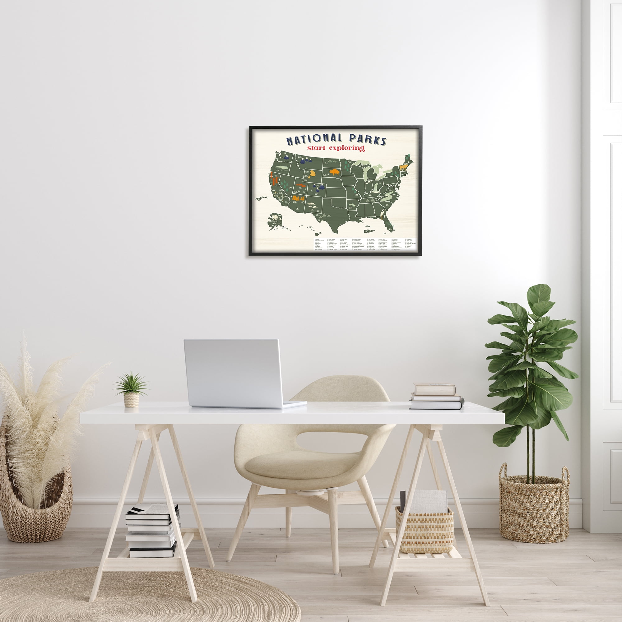 Stupell Industries National Parks Map with Numbered Key United States Town & City Painting Black Framed Art Print Wall Art, 24 x 30