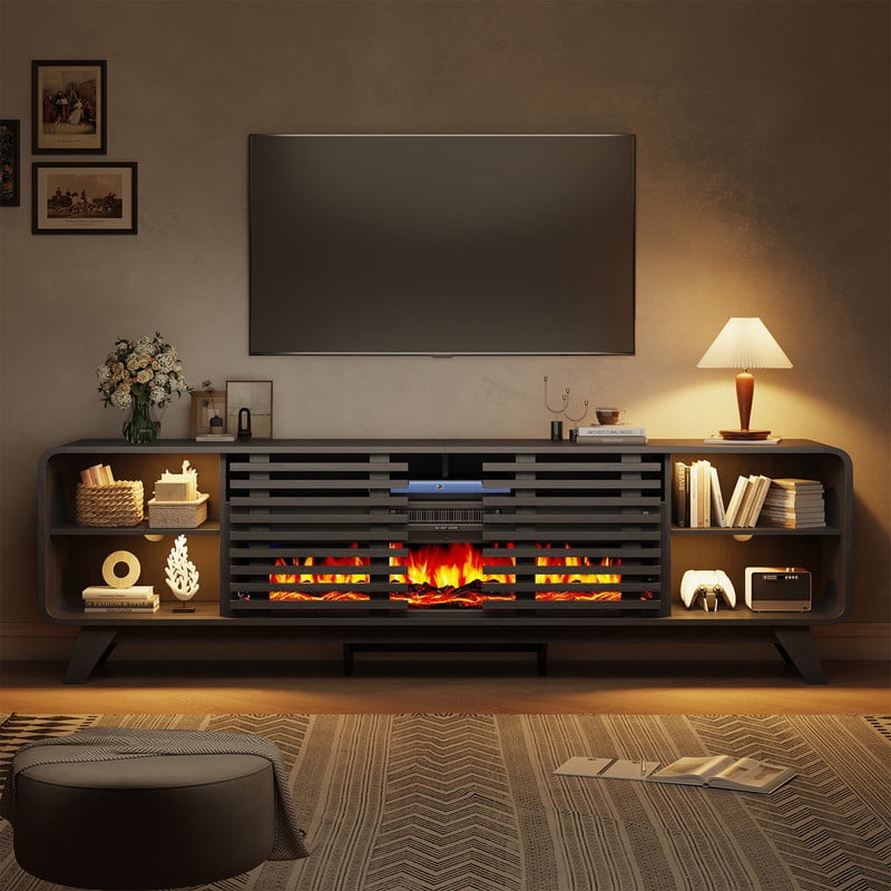BaPiPro Mid‑Century Modern Fireplace TV Stand with 40 Inch Electric Fireplace 12‑Color RGB LED Lights Fits TVs up to 90 Inch Wood Media Console with Slatted Sliding Doors for Living Room Black
