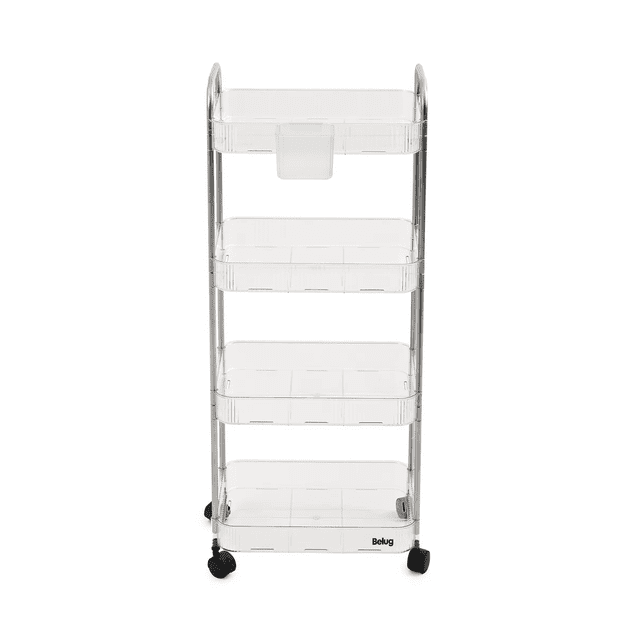 Carrito Auxiliar Multiusos 4 Niveles Ruedas Giratorias Transparente Plata