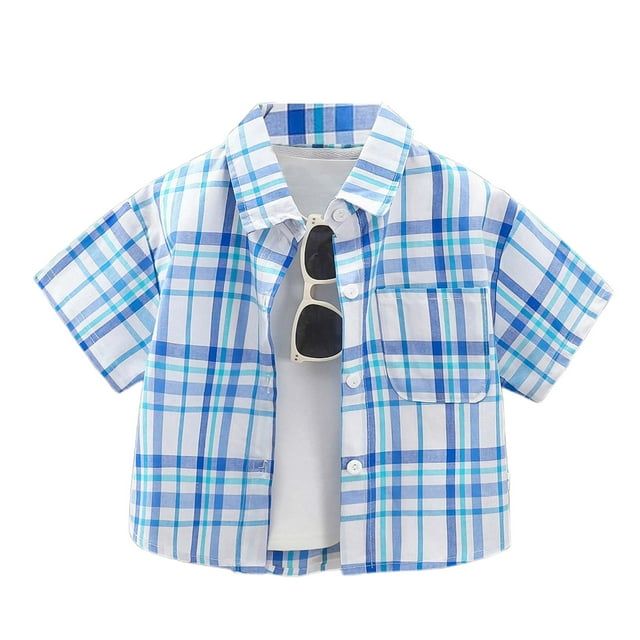 PMVFHDE Short Pack Small And Medium Sized Children's Fashion Shirt With Collared Front Checkered Short Sleeves And Button Fastening. Sky Blue,9-10 Years