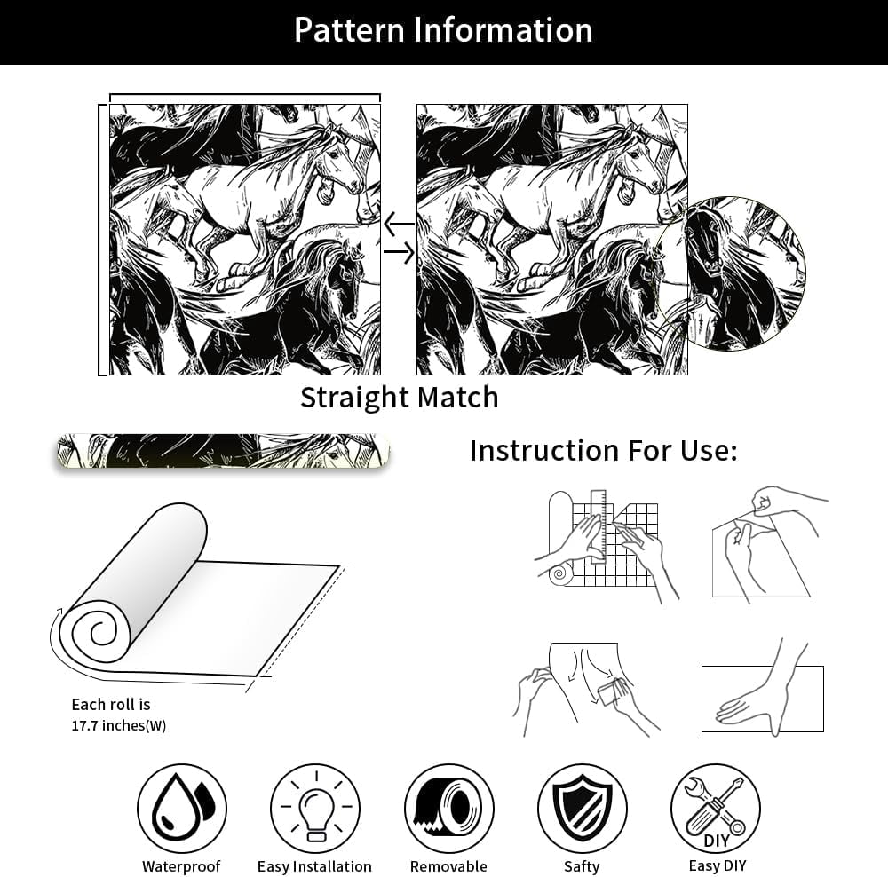 Modern Black and White Horse Animal Abstract Art Peel and Stick Wallpaper Contact Paper Vintage Vinyl Stick on Wall Paper for Bedroom Bathroom Kitchen Cabinet Renter Friendly