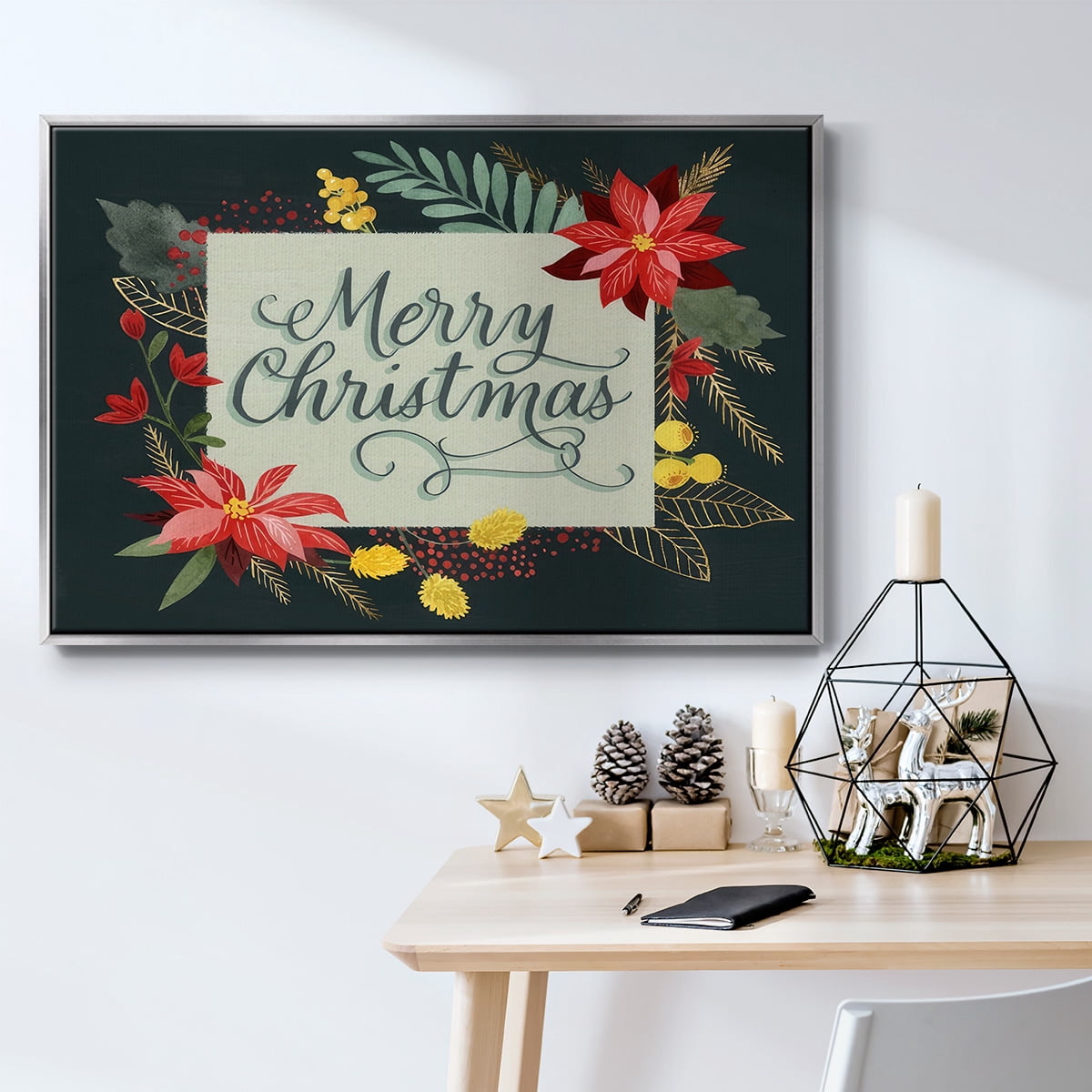 Bright Christmas Night I - Framed Gallery Wrapped Holiday Canvas - 25 x 37 - Silver Frame