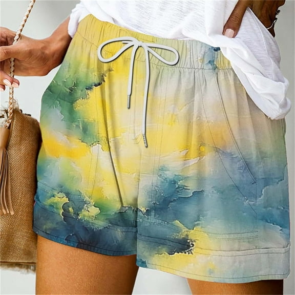 QUNYINEY Board Women's Shorts Tie Dye Elastic Waist Casual Summer Drawstring with Pockets Loose Shorts