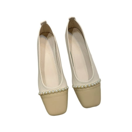 

Fangasis Women Anti-Slip Office Shoe Slip On Comfort Dress Shoes Work Elegant Low Heel Khaki with Pearls 5.5