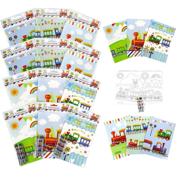 Tinymills Train Coloring Book Set - 12 Books & 48 Crayons for Party Favors, Rewards, Classroom Activities