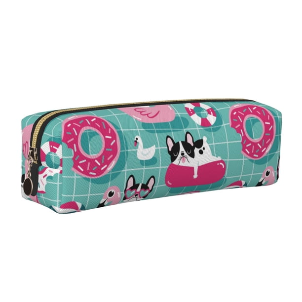 Balery Dogs With Swimming Estuche de Lápices de Cuero Impreso, Estuche para Suministros de Arte, Estuche de Lápices con Cremallera, Estuche de Almacenamiento de Papelería