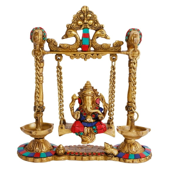 Brass World Ganesh Jhula with Hanging Diya Brass Gemstone Handwork Ganesha Swing Statue Ganpati Jhoola Kirtimukha Idol Murti for Home Décor Office Mandir Gift 9 Inch