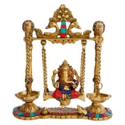 Brass World Ganesh Jhula with Hanging Diya Brass Gemstone Handwork Ganesha Swing Statue Ganpati Jhoola Kirtimukha Idol Murti for Home Dcor Office Mandir Gift 9 Inch