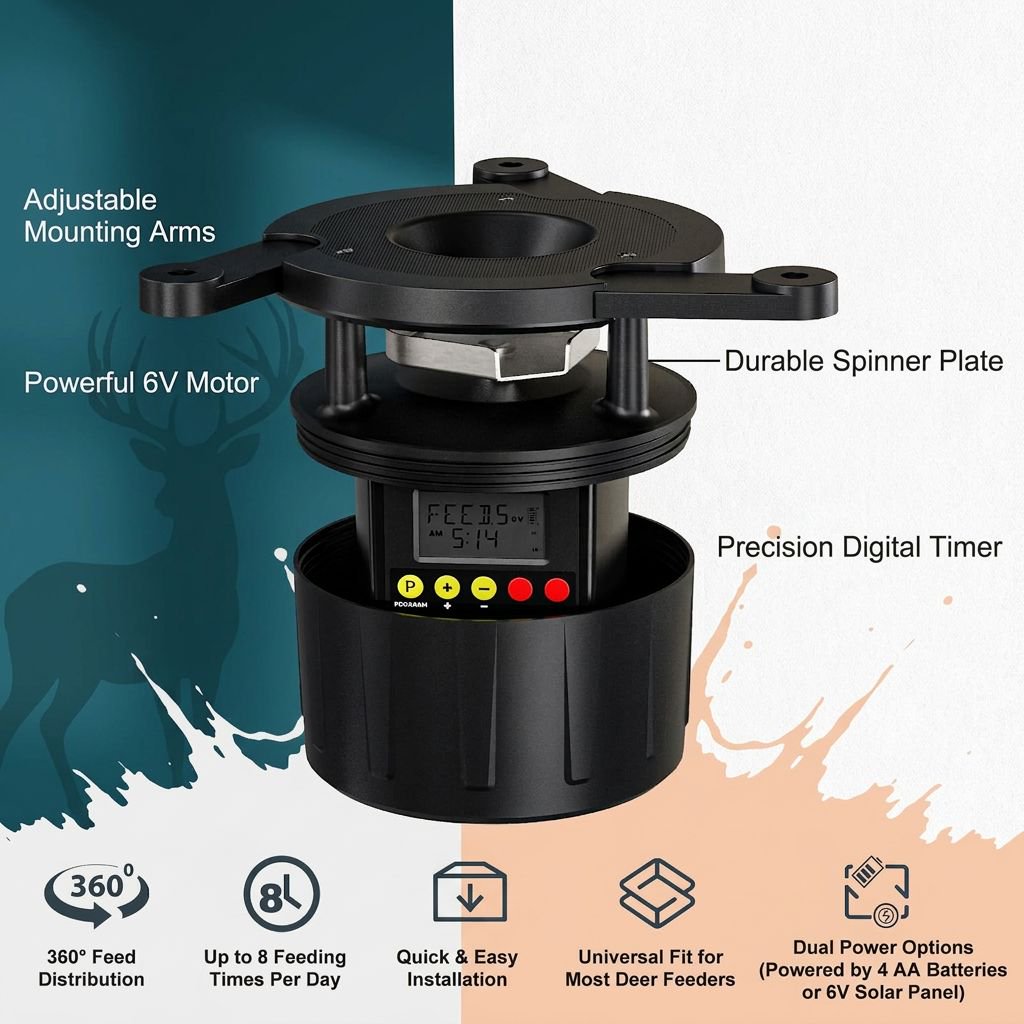 1 Set 6V Deer Feeder Kit with Timer Ready and Backup 1-8 Feedings Per Day Adjustable Duration and Speed Fits Buckets