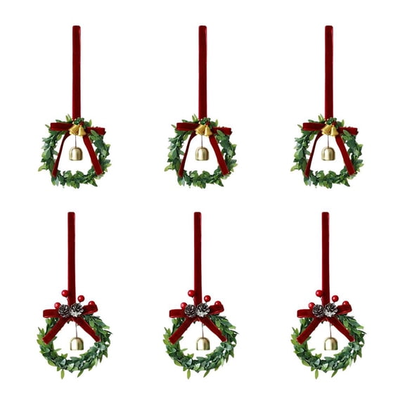 Pekkaxy 6pcs Mini Christmas Wreaths,3.1inch Artificial Cabinets Wreath with Red Velvet Bow and Bell,Small Green Hanging Wreath for Xmas Front Door Window Chair Fireplace Kitchen Decor