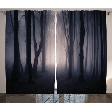 Ambesonne Forest Curtains 2 Panel Set, Deep in Spooky Jungle, 108" x 84", Dark Grey Purple