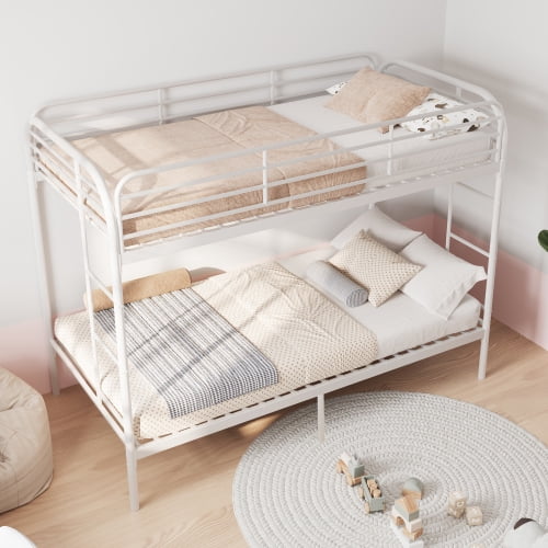 Twin Over Twin Metal Bunk Bed with Ladder and High Guardrail, Noise-Free, Underbed Storage, White