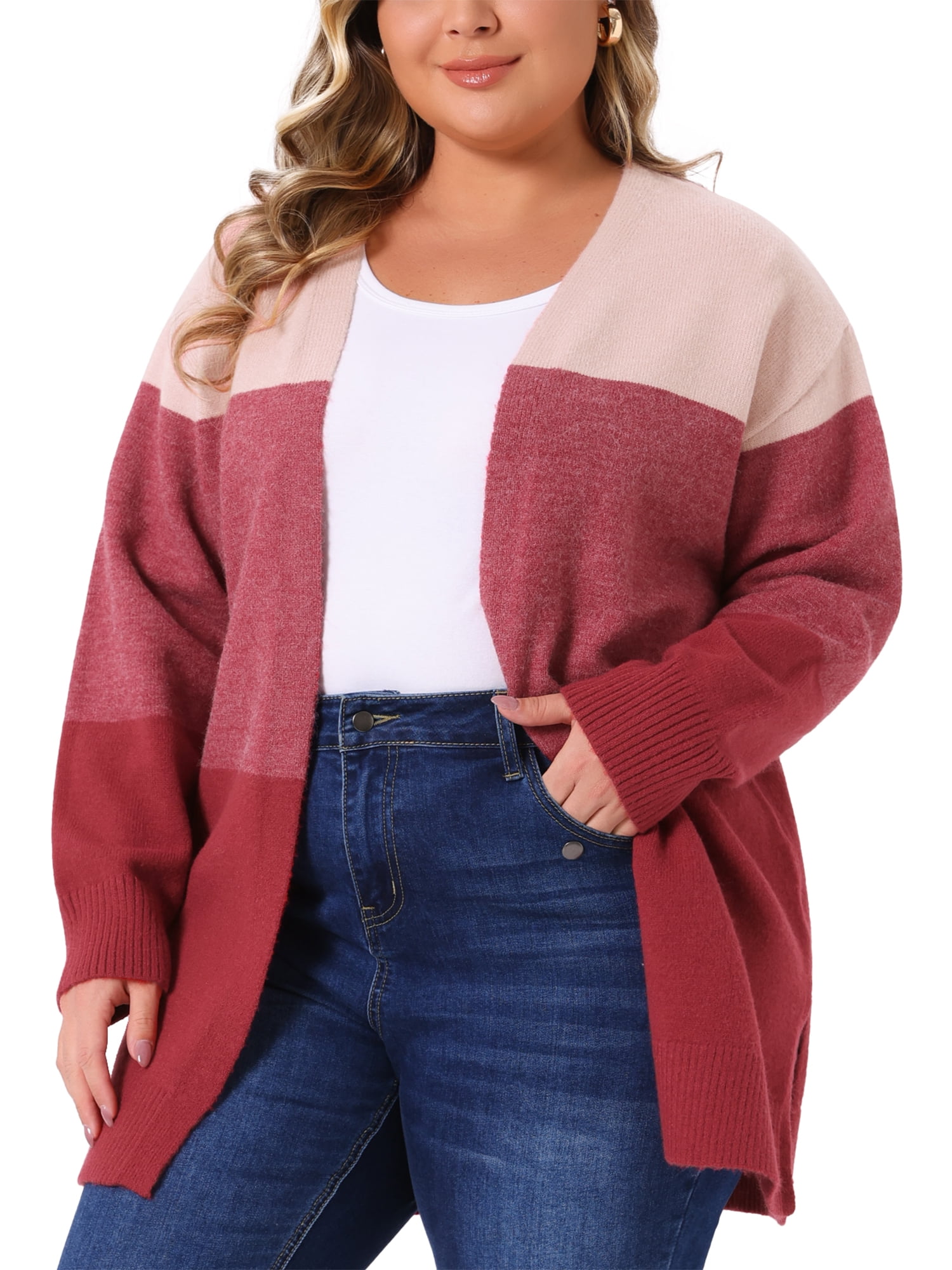 DARING DIVA Plus Size Striped Block Open Front Cardigan Sweater Coat 4X Red Pink