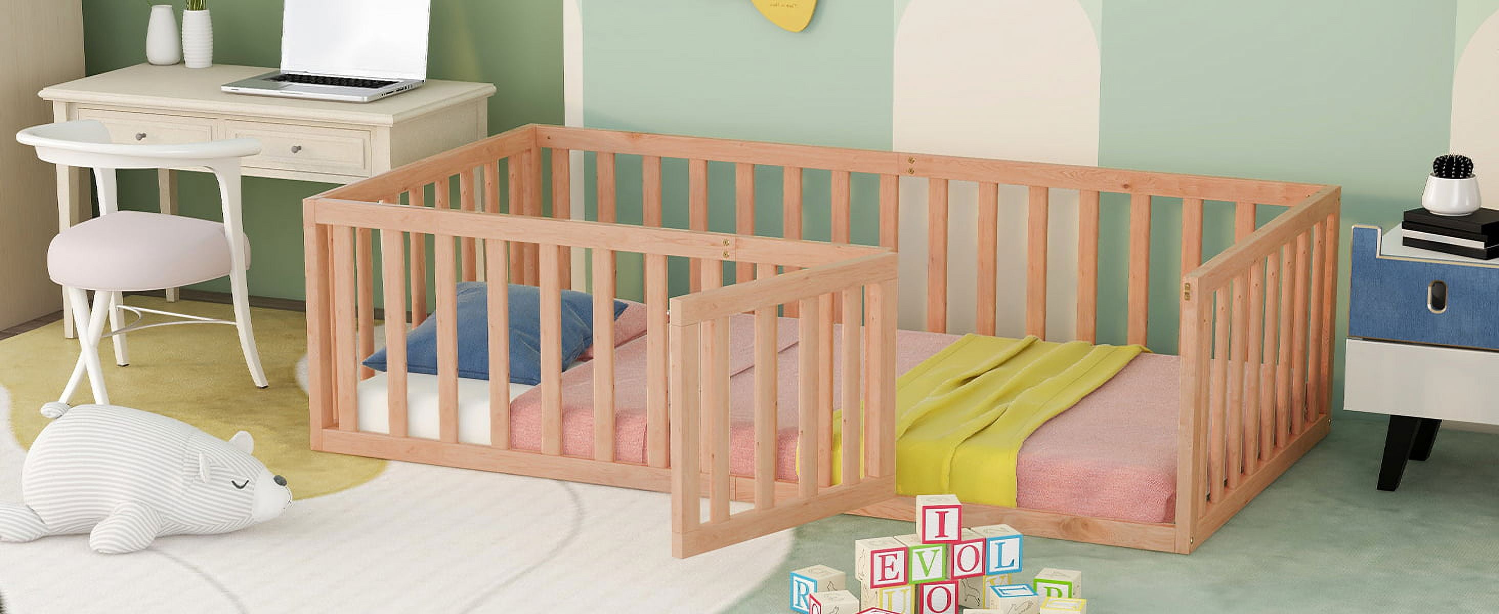 Mintazer Twin Floor Bed with Guardrails & Hinged Gate Door, Montessori Toddler Floor Bed Frame for Kids, Natural