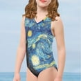thumbnail image 4 of FOR U DESIGNS Vincent Van Gogh Starry Sky V Neck One Piece Swimsuit for Kids Teens Girls 11-12 Years Old Fashion Sleeveless Swimwear for Swimming Surfing, 4 of 8