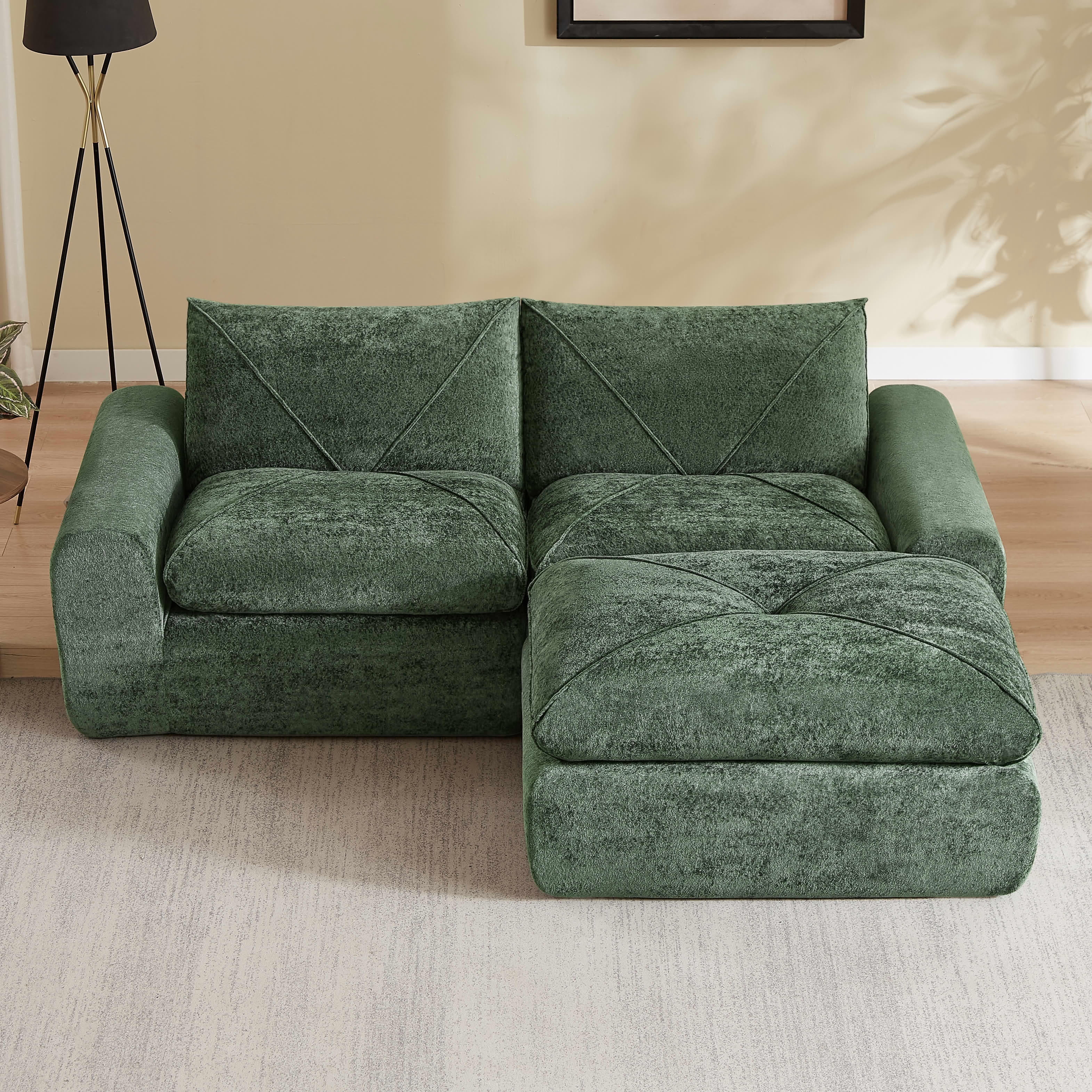 MAYEERTY 85" Green Chenille Modular Sectional Sofa, Spring Support with Ottoman for Living Room Apartment