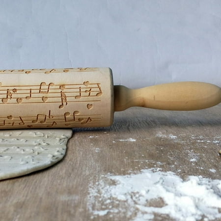 

OCDAY Portable Size Rolling Pins Music Notes Wooden Rolling Embossing Baking Cookies Biscuit Fondant Cake Patterned Roller