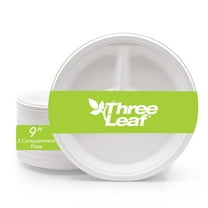 Three Leaf 9” 3-Compartment Bagasse Round Disposable Plates 50 Ct Heavy-Duty Super Strong White Eco-Friendly Biodegradable Compostable Sugarcane Plates for Parties Catering BBQ and Events