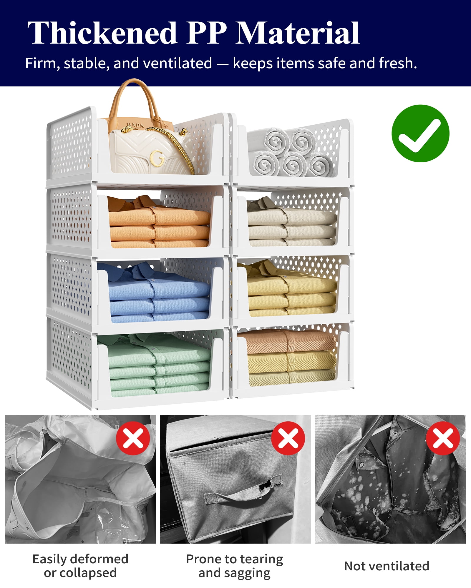 Kitsure Closet Organizers and Storage - Stackable Storage Drawers, Multi-Purpose Closet Organizer Set for Closet Storage, 8-Pack, 16.6" x 13.1" x 6.7" Each