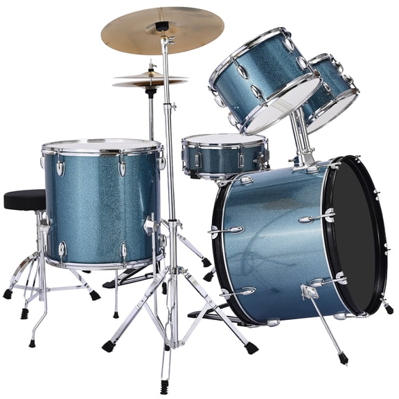 KFFKFF 5-Piece 22-Inch Junior Drum Kit, Beginner Drum Set with Adjustable Seat, Cymbal, and Drumsticks, Musical Instrument Kit for Beginners, Teens, and Students (Gravel Blue)