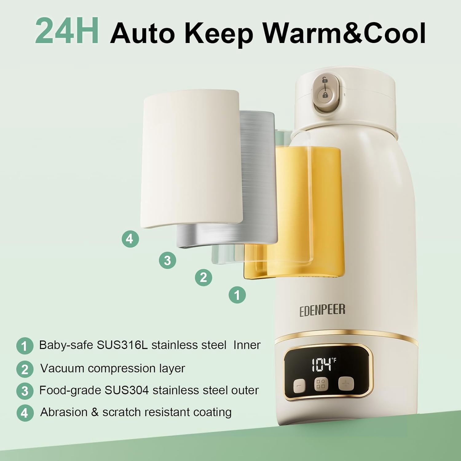 EDENPEER Portable Bottle Warmer for Travel ,Large 17.6oz Precise Temp Control for Breastmilk & Formula, Long Battery Life, USB Rechargeable Fast Heating Leak-Proof