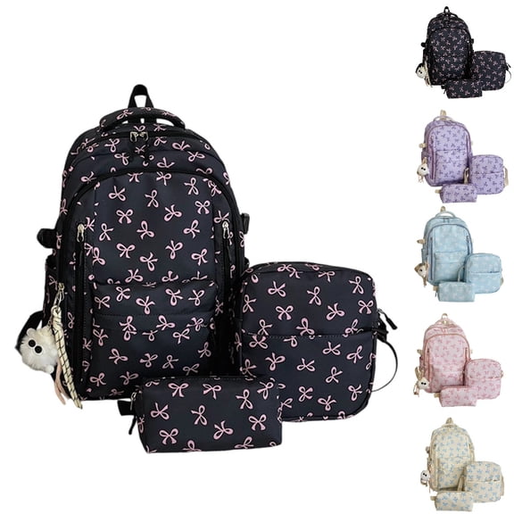 HJYCHN Boy Backpack Bow Print 3Pc Set Daypack with Crossbody Pencil Case Back to School Supplies for Kids Backpack for Teen Girls Black