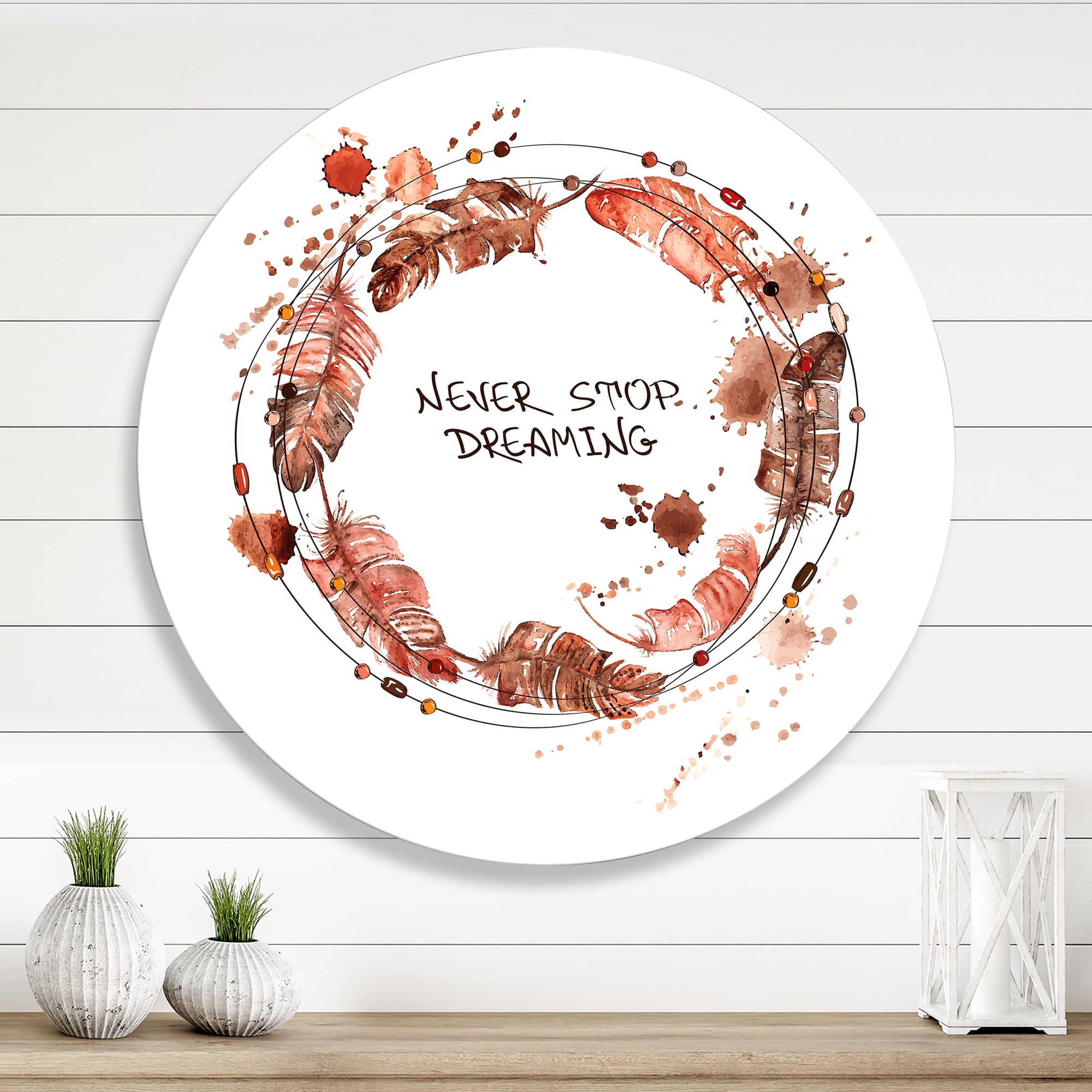 Designart 'Impression Of Bird Feathers Wreath' Traditional Circle Metal Wall Art 23x23 - Disc of 23