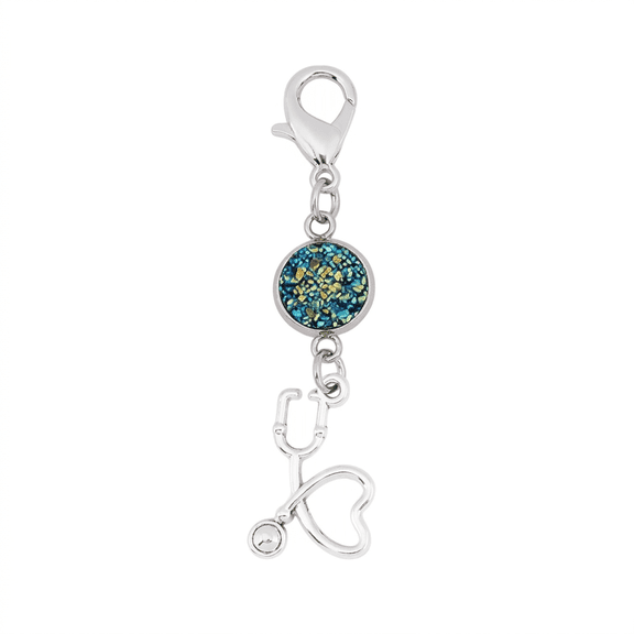 Glitter Epoxy Metal Key Chain, Heart Stethoscope Pendant Charm for Healthcare Workers Stethoscope Badge Reel Decoration