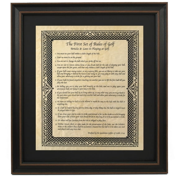 Framed Original Rules of Golf 1744. Antique Parchment Prints by Patriot Gear Company.
