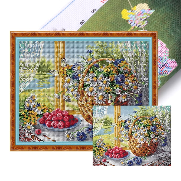 Kit Punto Cruz Con Flores Hilo Algodón Ecológico Bordado 14CT 48x37cm