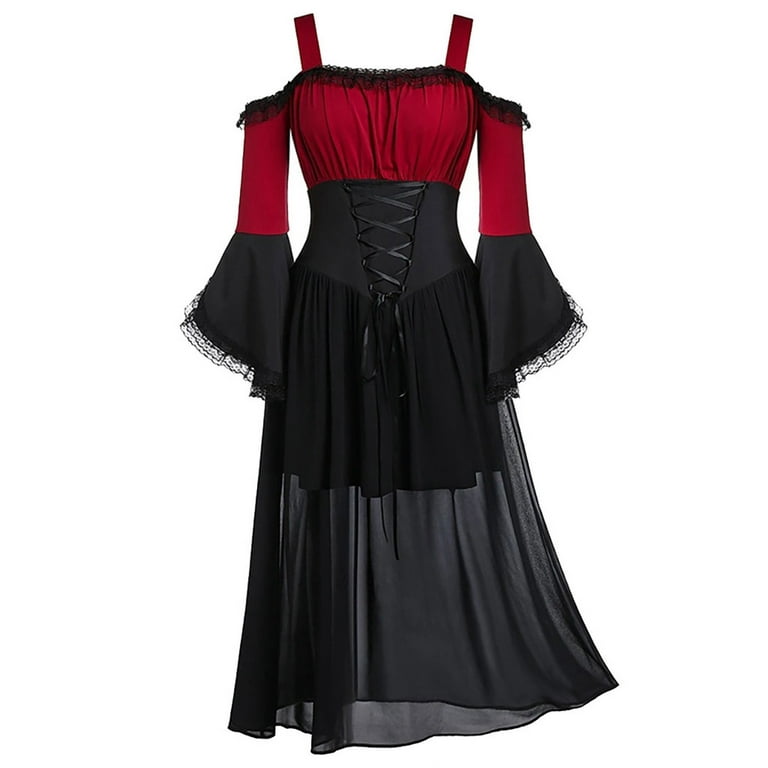 Mrat Women Gothic Dress Long Sleeve Off-The-Shoulder Ball Gown Regency Dresses  Gothic Steampunk Dress Solid Irregular Chiffon Lace Chiffee Dress Red_A  XXXXL 