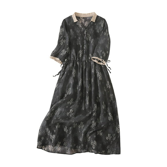 Korean Version Oversized Summer Fine Ramie Thin Patterned Contrasting V-neck Shirt Skirt Oversized Women's Dress Short Sleeved Knee Length Dress