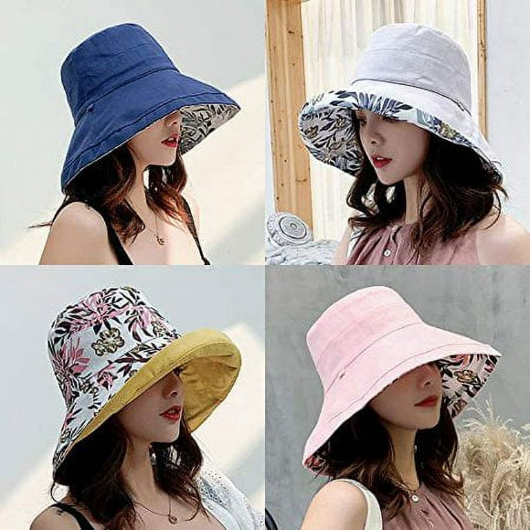 Wide Brim Bucket Hat with String Reversible Cotton Sun Protection Beach  Hats for Women Large Foldable Brim Summer Hat