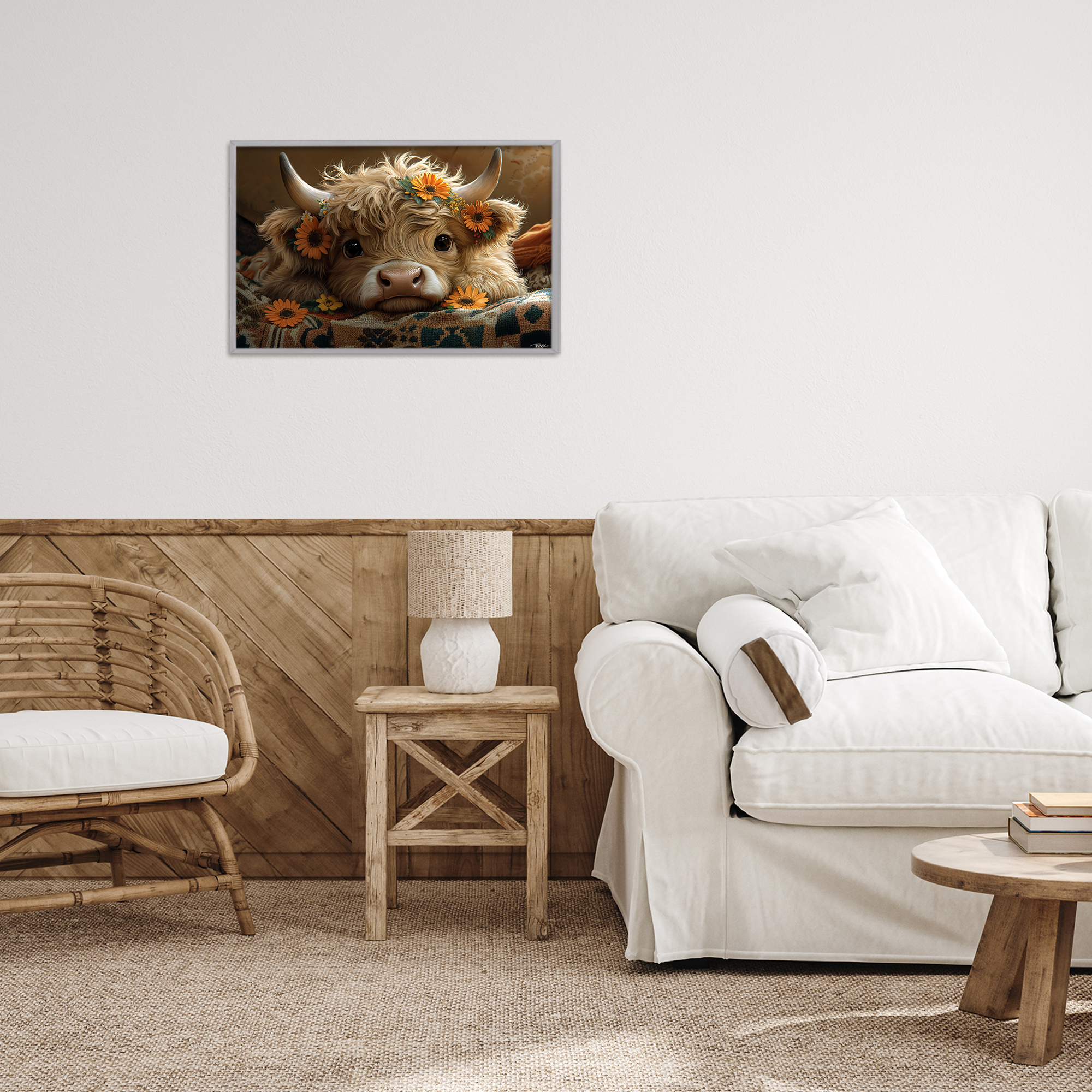 Adorable Flower Bedecked Cattle Gray Framed Giclee Art, design by Momart