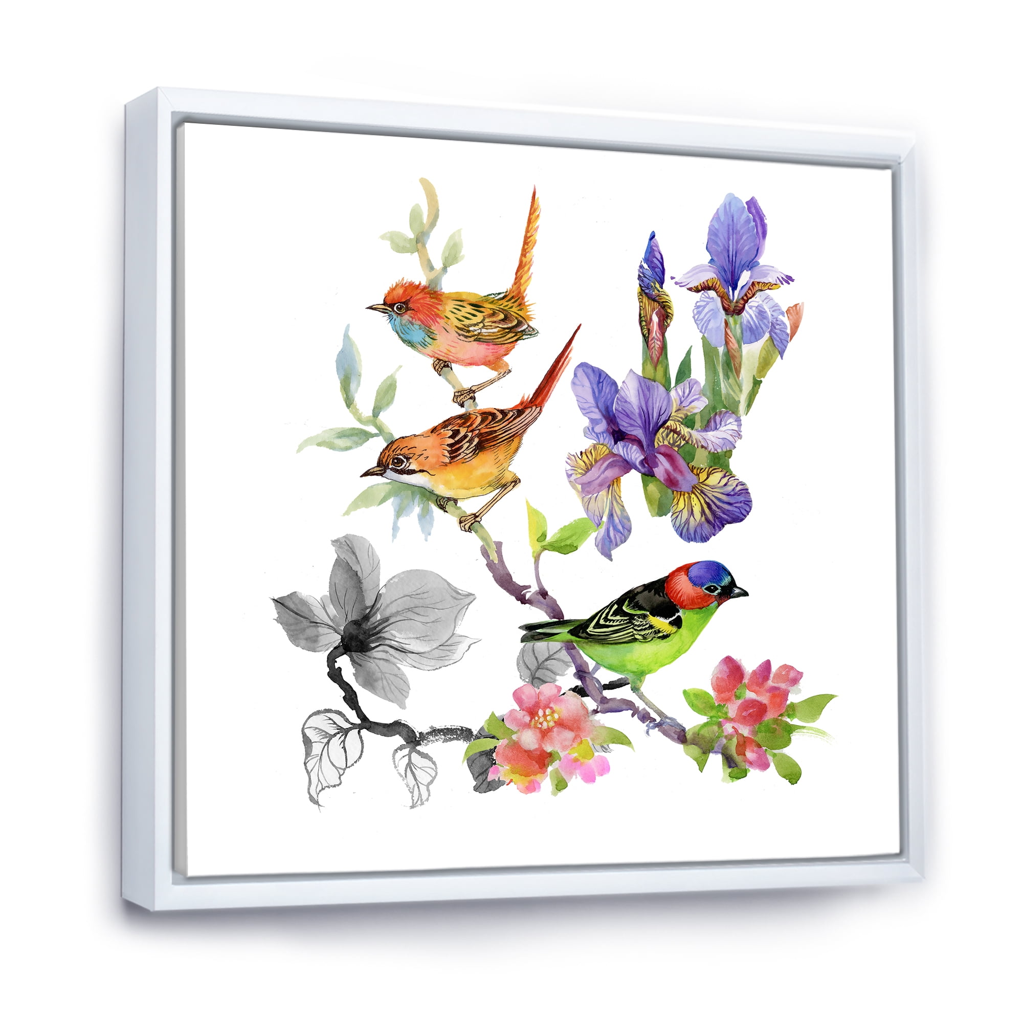 Designart 'Colourful Birds and Tropical Flowers I' Traditional Framed Canvas Wall Art Print