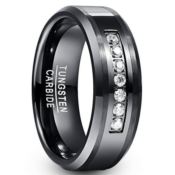 8mm Black Tungsten Carbide Rings for Men Cubic Zirconia Inlay Wedding Bands Eternity Ring Brushed Finish