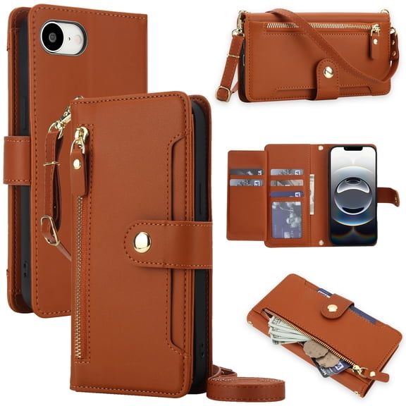 Designed For iPhone 17e/16e Wallet Case,With Shoulder Strap Wrist Strap,PU Leather Flip Folding Kickstand,Card Slots,Zipper Pocket,Shockproof Anti-fall Crossbody Wallet Case,Brown
